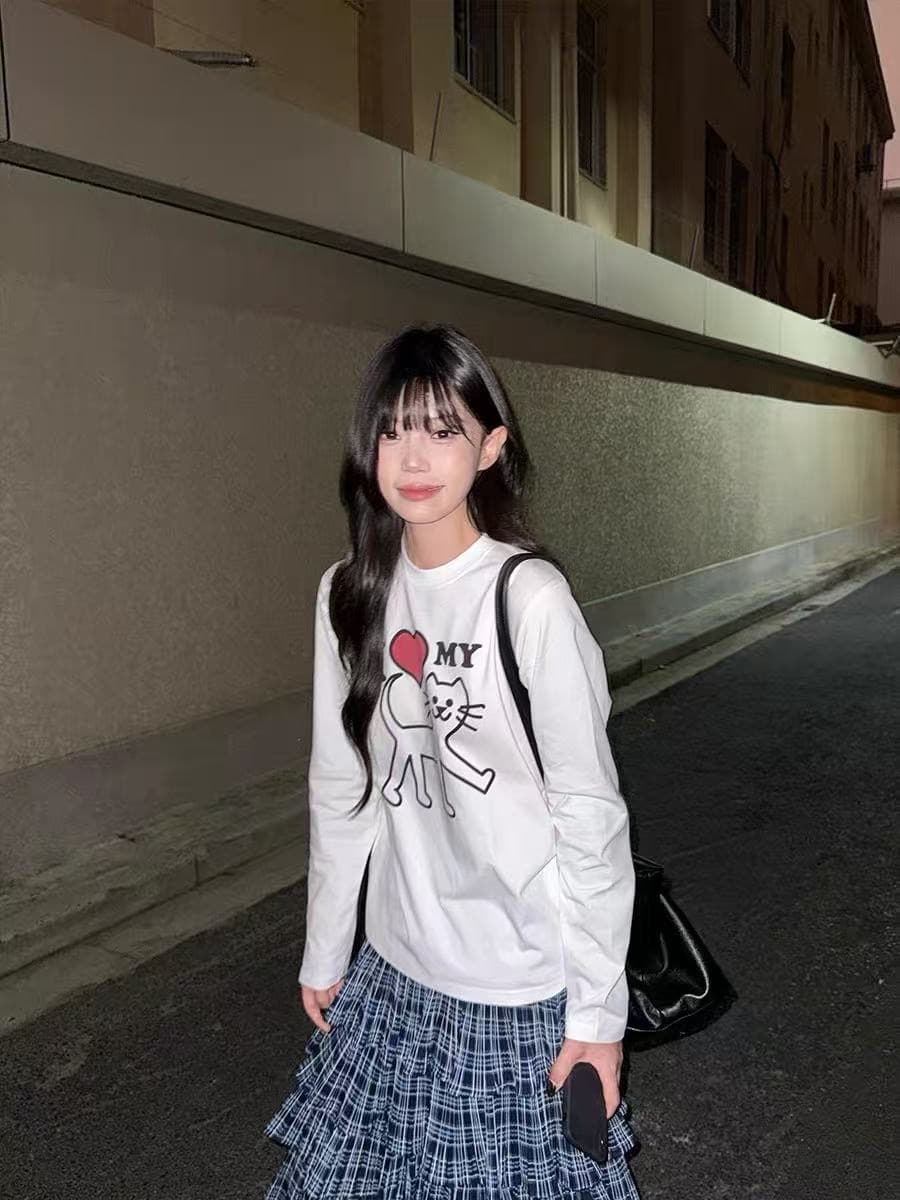 높은 품질 순면 200그램 21 빗질하다 정밀 프린트 가을 루즈핏 긴팔 티셔츠 여성 이미지 4
