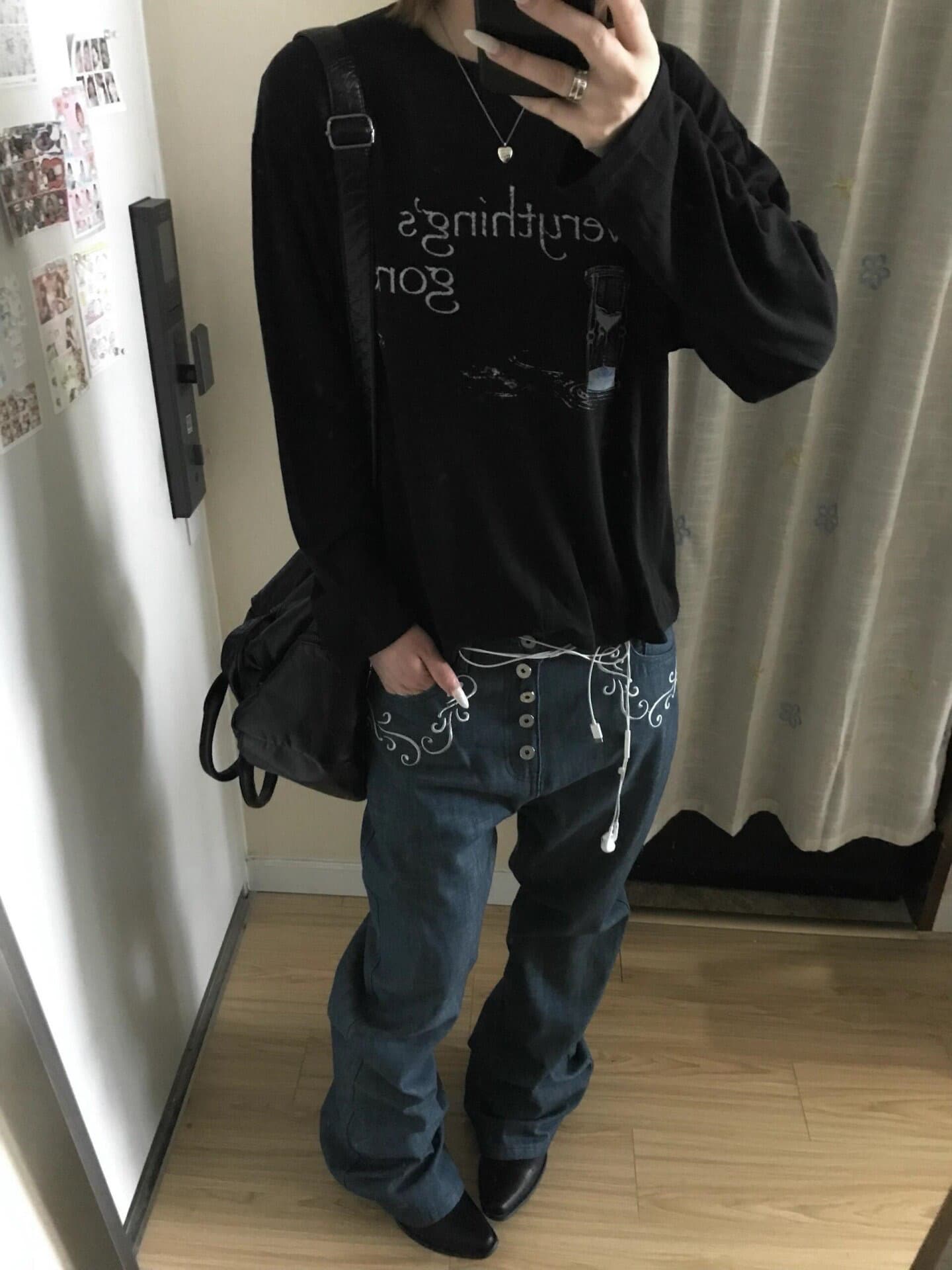 높은 품질 순면 200그램 21 빗질하다 정밀 프린트 가을 루즈핏 긴팔 티셔츠 여성 이미지 4