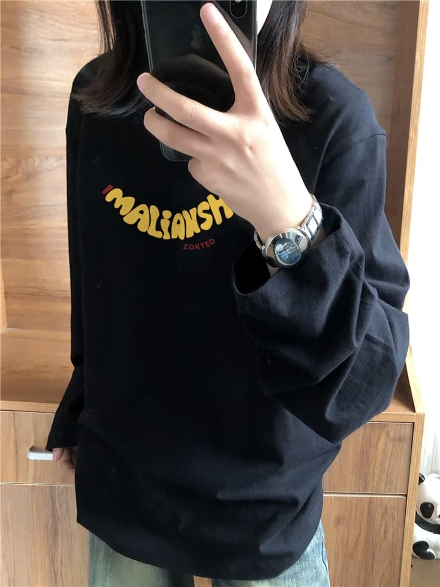 높은 품질 순면 200그램 21 빗질하다 정밀 프린트 가을 루즈핏 긴팔 티셔츠 여성