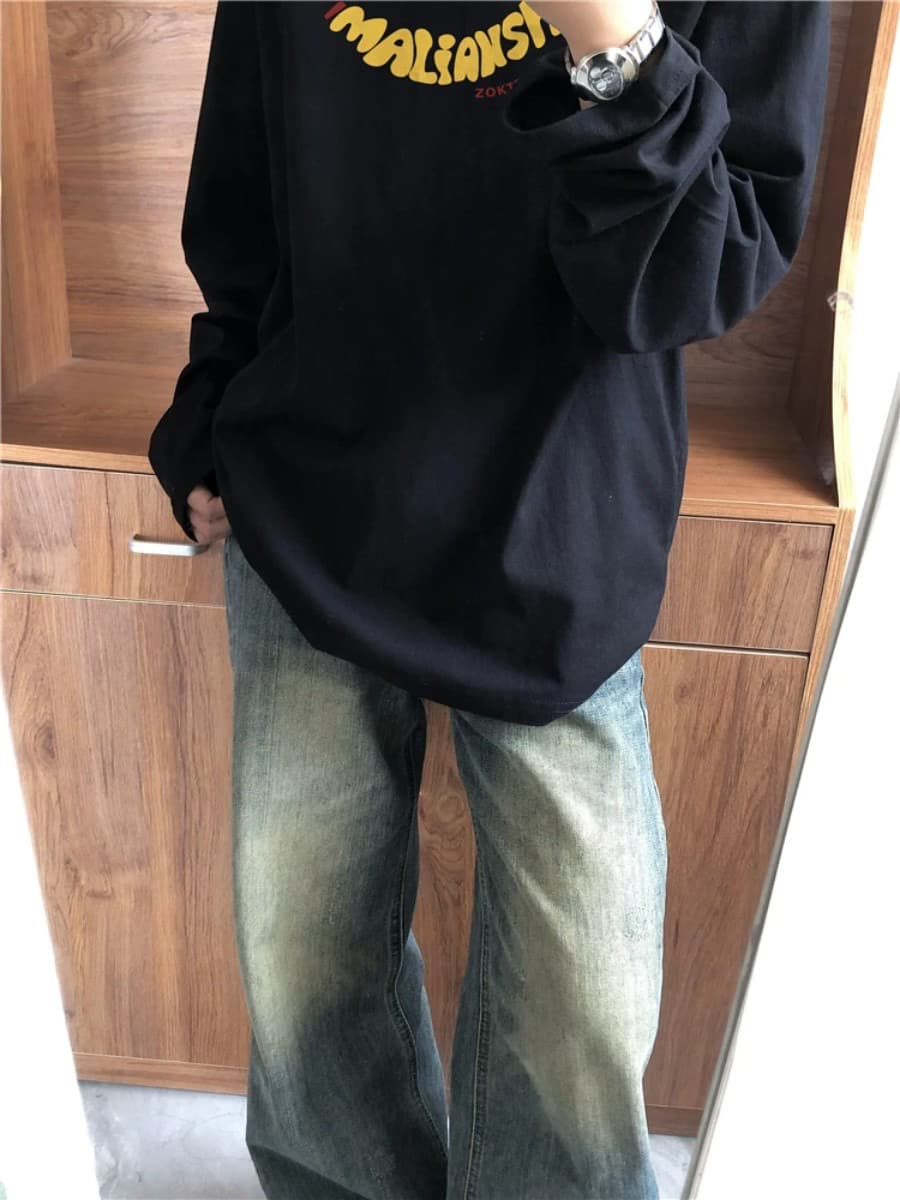 높은 품질 순면 200그램 21 빗질하다 정밀 프린트 가을 루즈핏 긴팔 티셔츠 여성 상세 이미지 3