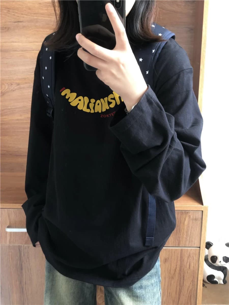 높은 품질 순면 200그램 21 빗질하다 정밀 프린트 가을 루즈핏 긴팔 티셔츠 여성 상세 이미지 4