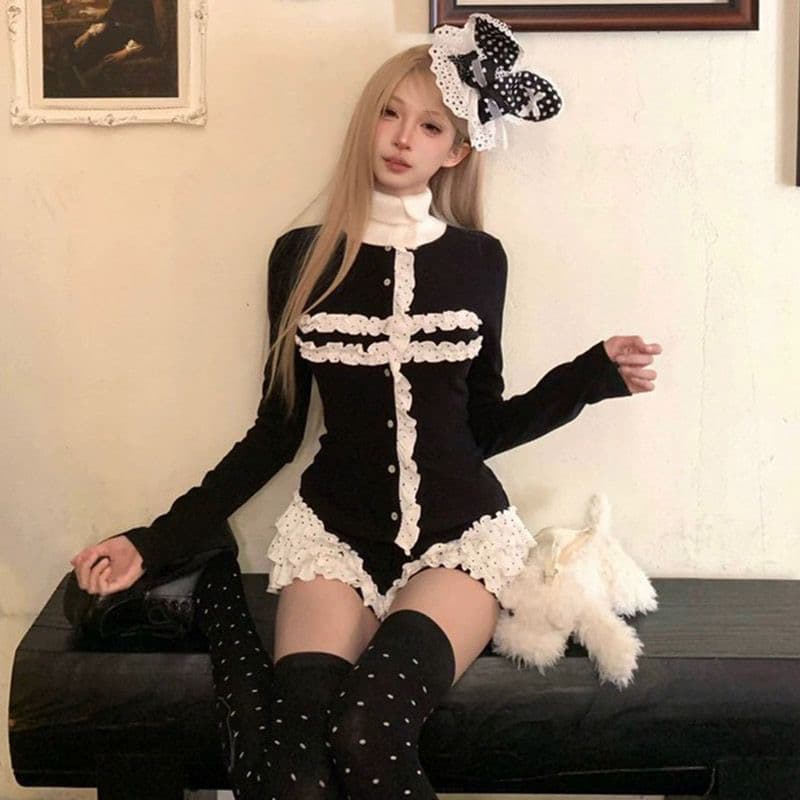 봄 가을 새로운 레이스 오픈 가디건 맨위 레이스 짧은 바지 여자 리 핫걸 세트