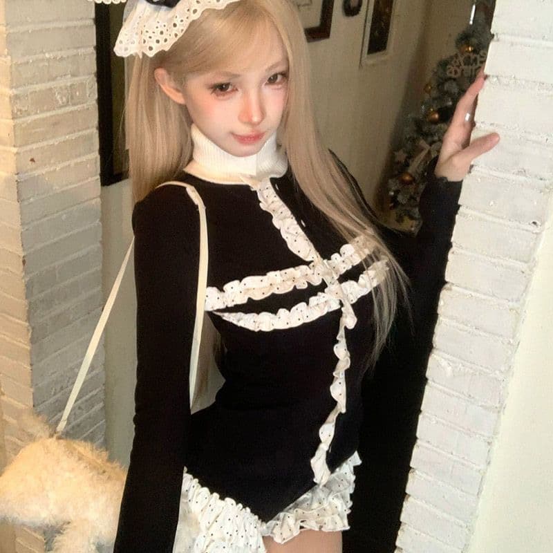 봄 가을 새로운 레이스 오픈 가디건 맨위 레이스 짧은 바지 여자 리 핫걸 세트 이미지 2