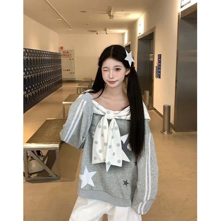 순수한 Mianhua 면 복합 원본 솜씨 프린트 패치워크 숄 스트랩 달콤함 루즈핏 다용도 후드티 이미지 4