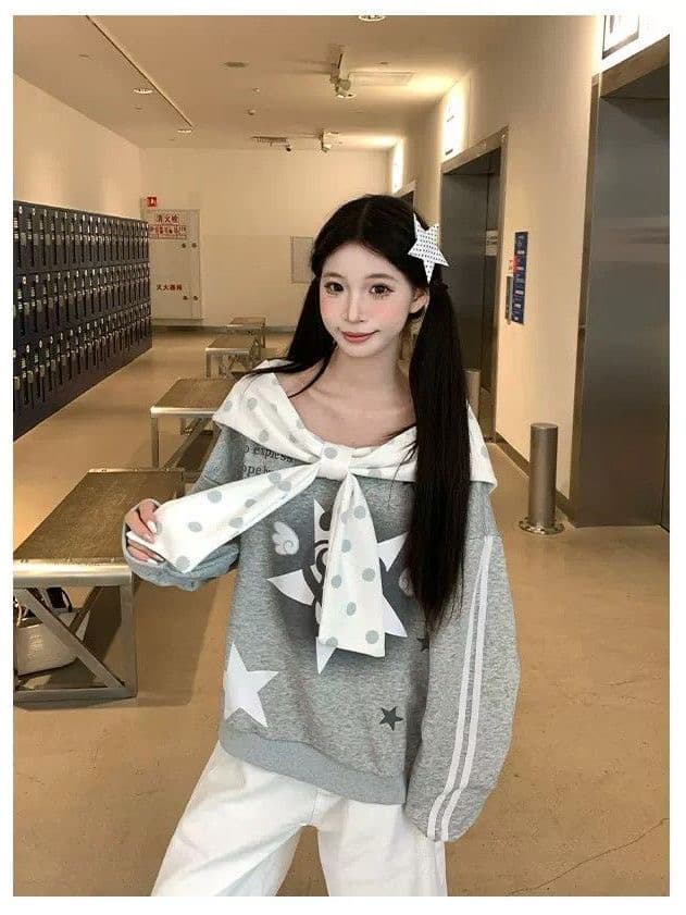 순수한 Mianhua 면 복합 원본 솜씨 프린트 패치워크 숄 스트랩 달콤함 루즈핏 다용도 후드티 상세 이미지 1