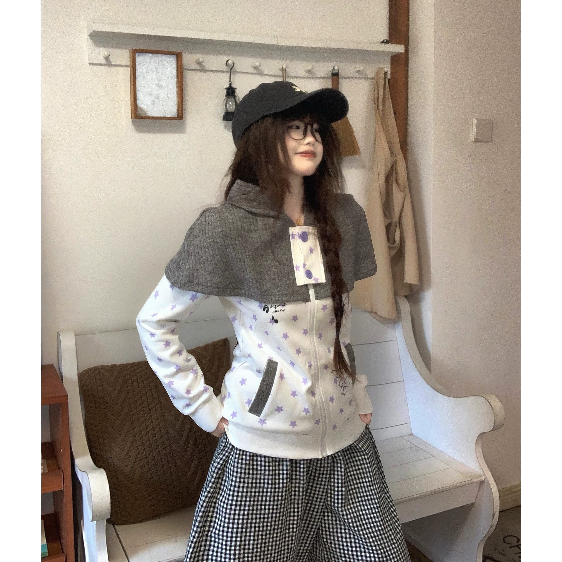 순수한 Mianhua 면 복합 원본 솜씨 프린트 이문화 망토 페이크 레이어드 오픈 가디건 후드티
