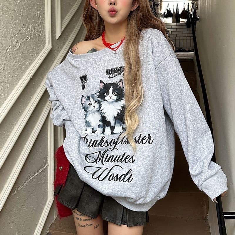 가을 겨울철 아메리칸 레트로 핫걸 비스듬한 어깨 프린트 루즈핏 후드티 상세 이미지 3