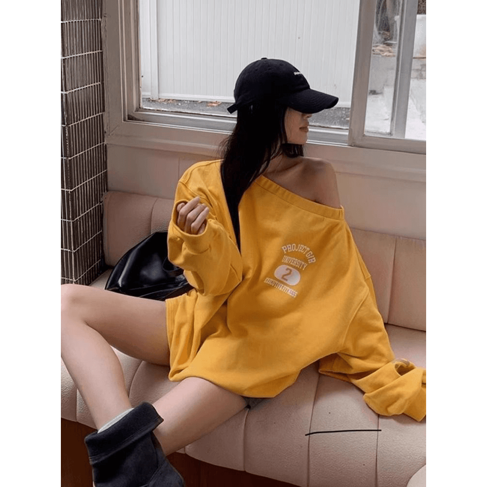 가을 겨울철 아메리칸 레트로 핫걸 비스듬한 어깨 프린트 루즈핏 후드티 이미지 5