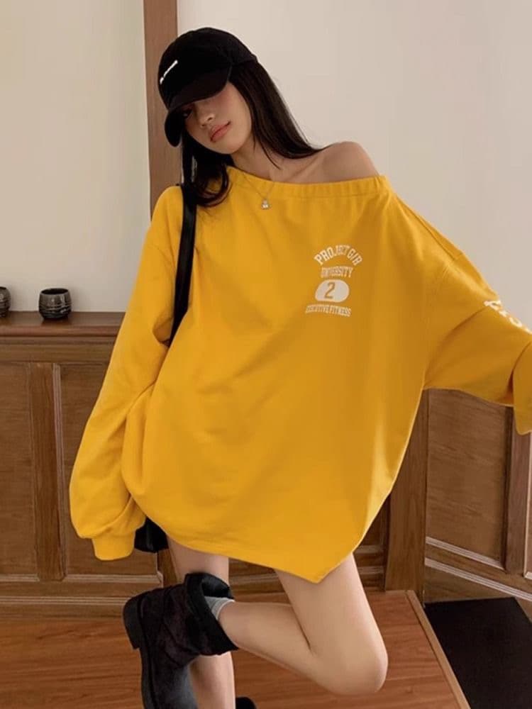 가을 겨울철 아메리칸 레트로 핫걸 비스듬한 어깨 프린트 루즈핏 후드티 상세 이미지 1