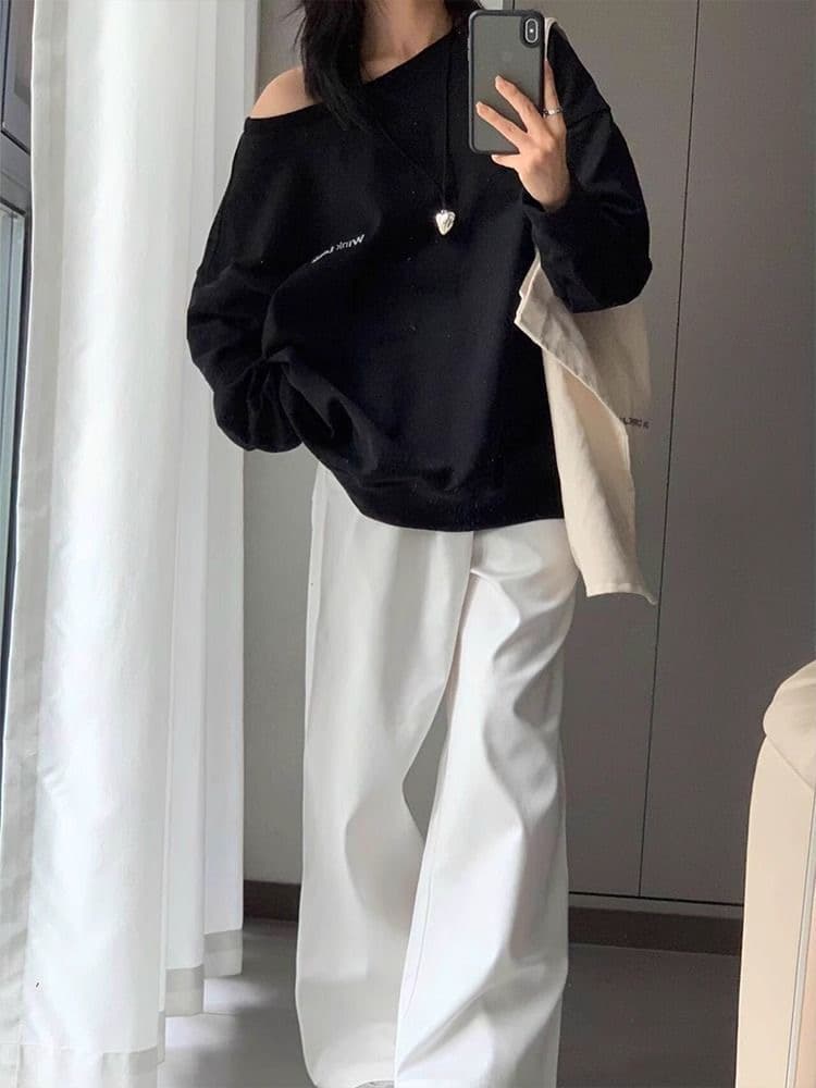 가을 겨울철 아메리칸 레트로 핫걸 비스듬한 어깨 프린트 루즈핏 후드티 이미지 4