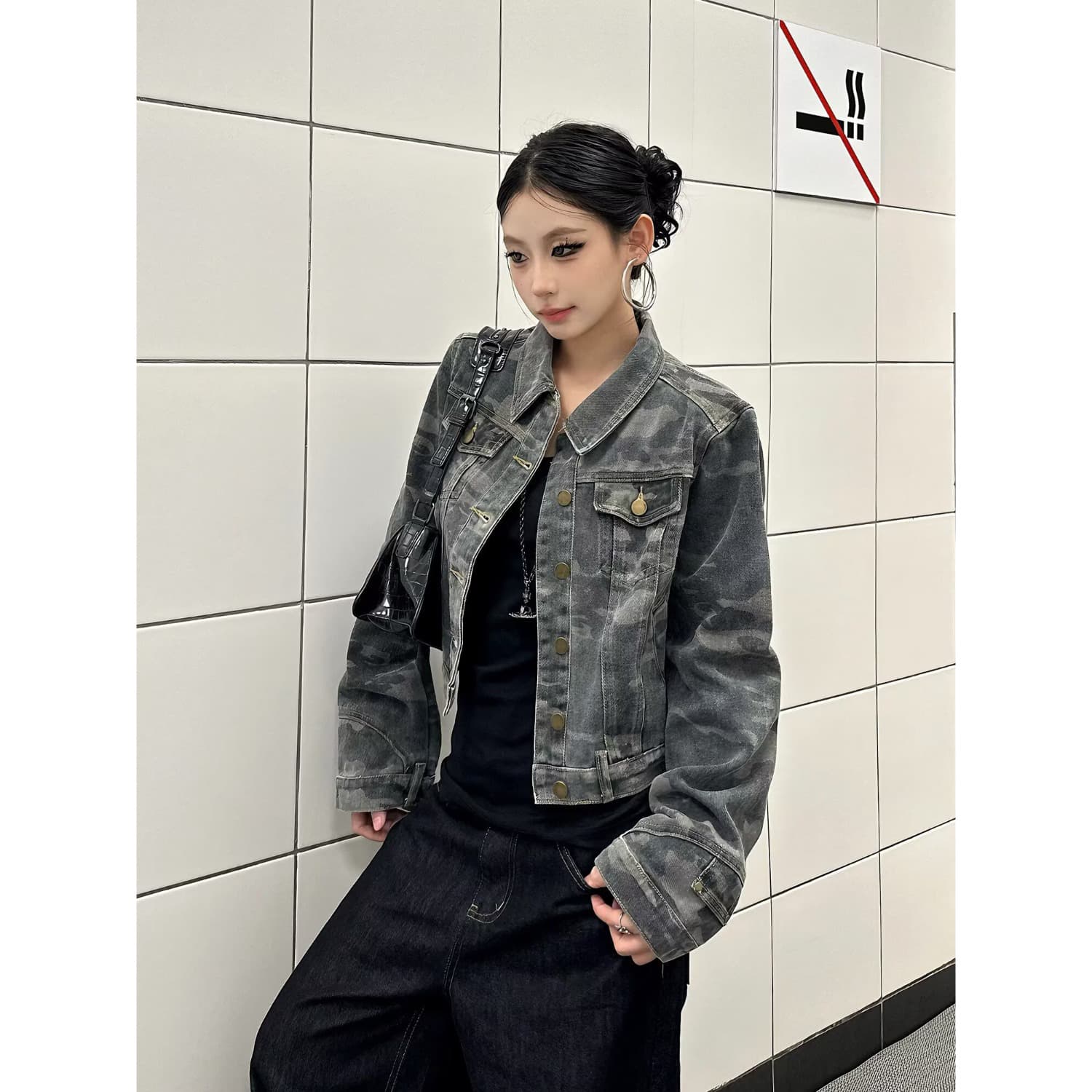 한국 chic 아메리칸 레트로 가을 새로운 한국 스타일 잘 생긴 워크웨어 루즈핏 옷 카모플라주 여성 데님 재킷 트렌디 상세 이미지 2