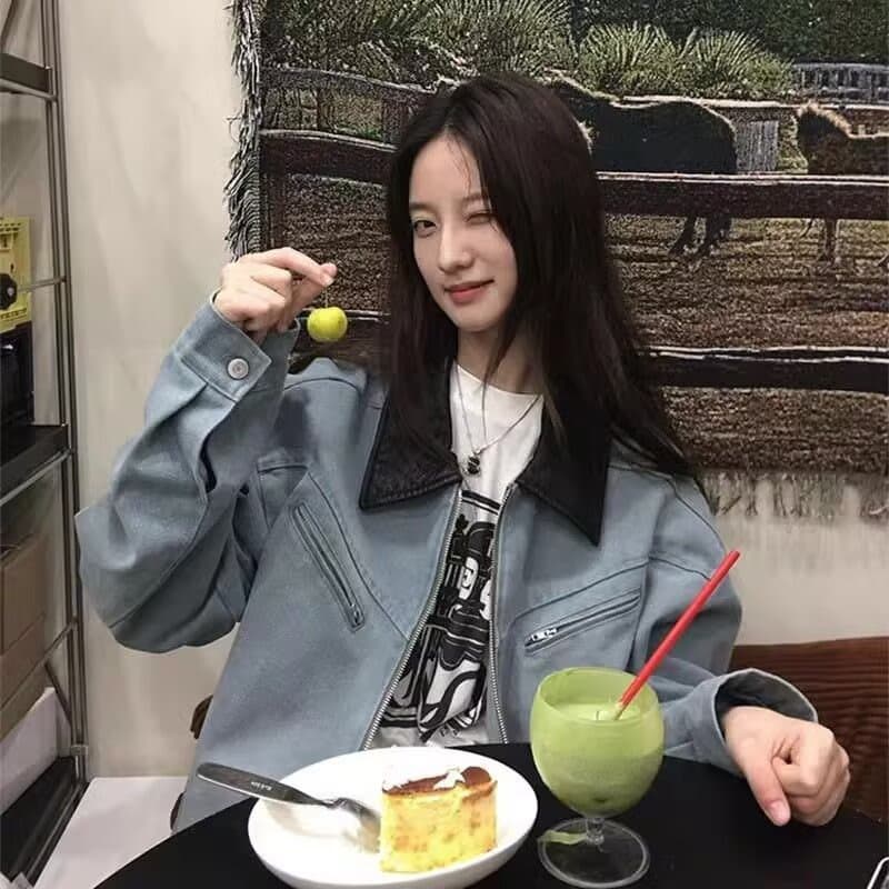 봄 가을 고대 복장 패치워크 폴로 칼라 워크웨어 재킷 남녀 워싱 마 오래된 작은 대중 고급 센스 재킷 남자 이미지 3