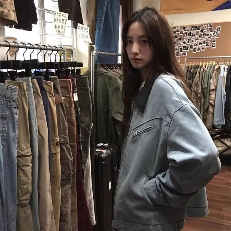 봄 가을 고대 복장 패치워크 폴로 칼라 워크웨어 재킷 남녀 워싱 마 오래된 작은 대중 고급 센스 재킷 남자 이미지 5