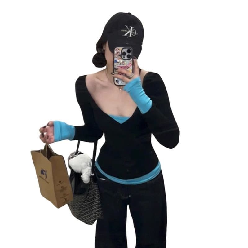 새로운 한 부서 패치워크 페이크 레이어드 긴팔 티셔츠 여성 조기 봄 가을 고급 센스 V넥 몸매 가꾸기 맨위 이미지 5