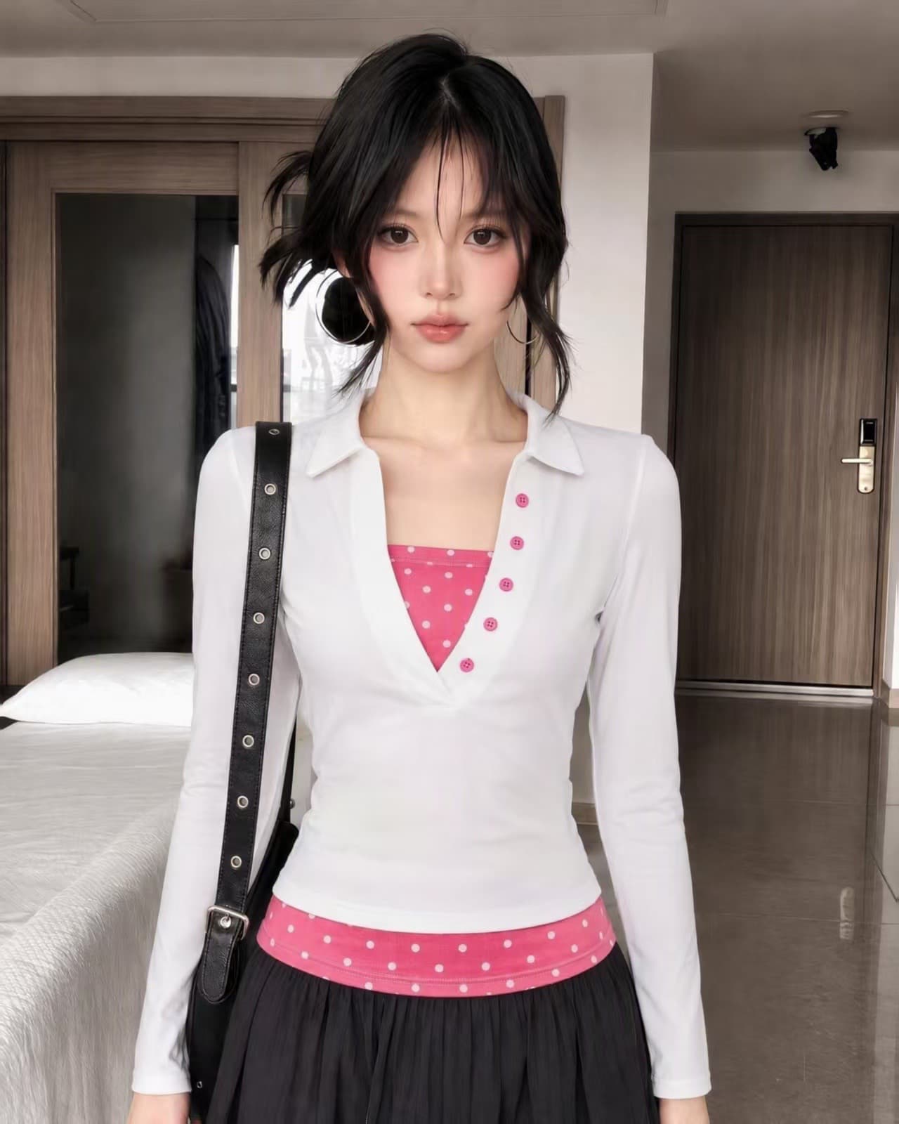 40 면 1 1 오스트리아 세대 서울 220 그램 아메리칸 핫걸 배색 도트 무늬 페이크 레이어드 긴 소매 티셔츠