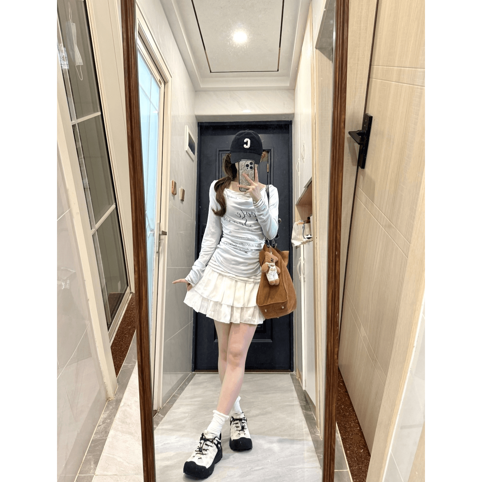 원본 광저우 원단 눈꽃 면 한 부서 페이크 레이어드 긴팔 티셔츠 여성 배색 패치워크 맨위 이미지 5