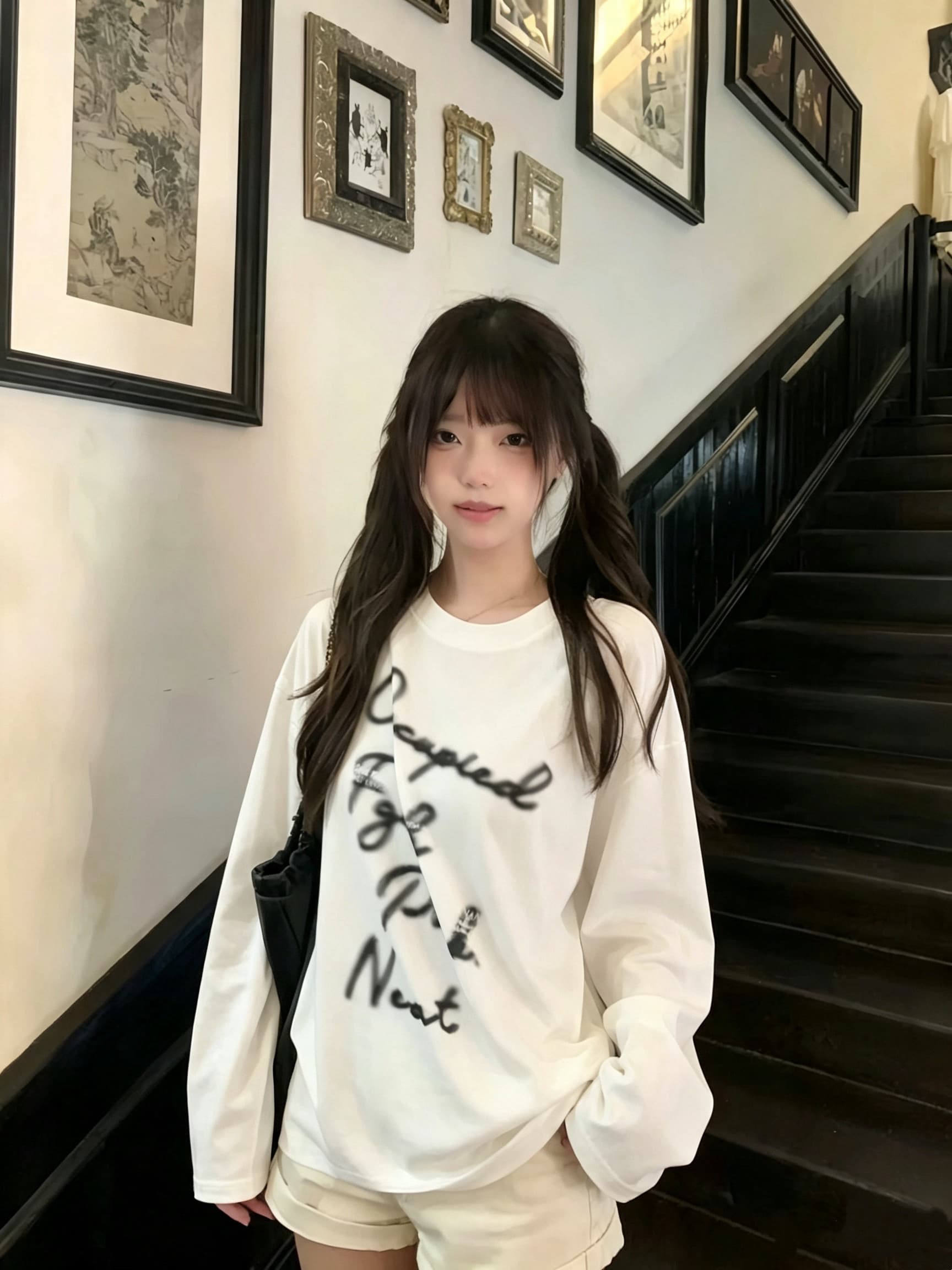 높은 품질 순면 200그램 21 빗질하다 정밀 프린트 가을 루즈핏 긴팔 티셔츠 여성 상세 이미지 5