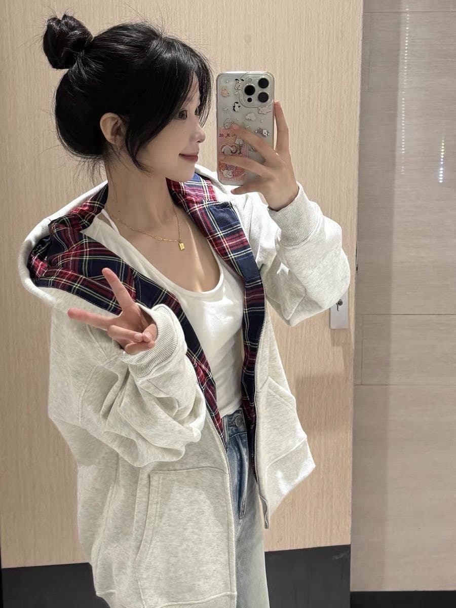 얇은 스타일 털이 있는 후아 면 복합 후드티 여성 상세 이미지 2