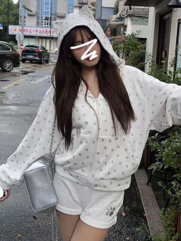 후아 면 복합 아메리칸 새로운 개 귀 귀여운 루즈핏 지퍼 새로운 개 발자국 인쇄 오픈 가디건 맨위