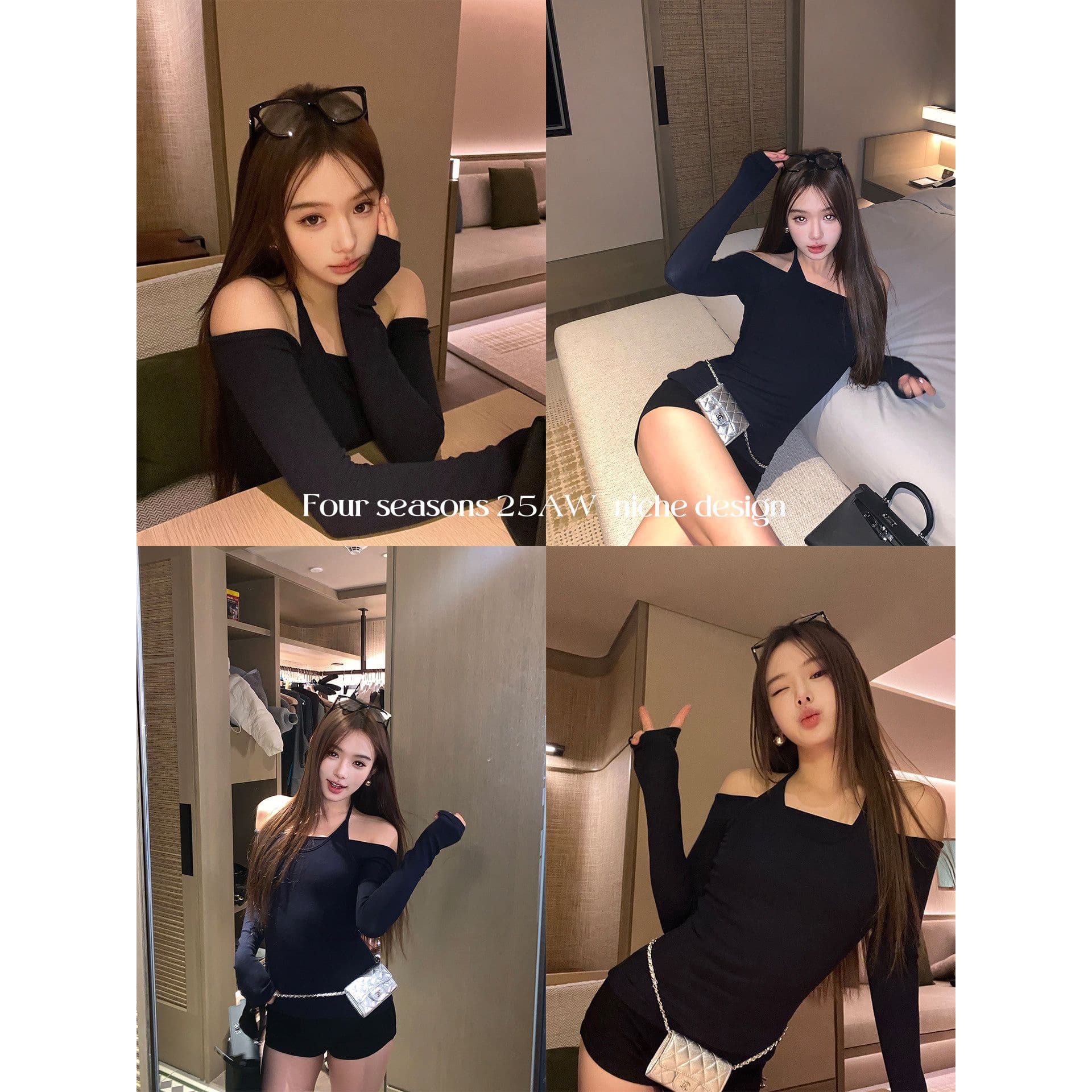 260 그램 사람들 면 디자인 센스 페이크 레이어드 행침 목 허리 수축 오프숄더 긴팔 티셔츠 여성 가을 아름다운 슬림해 보이는 맨위 이미지 5
