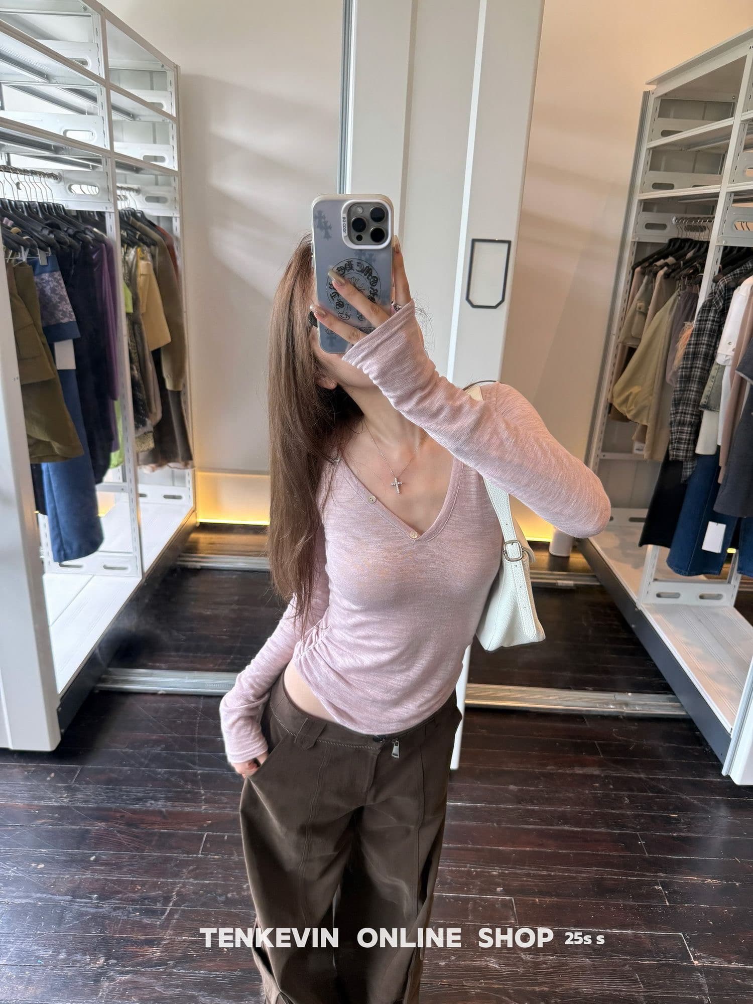 가을 새로운 힙 Pleat V넥 긴팔 티셔츠 여성 몸매 가꾸기 슬림해 보이는 마이크로 ~을 통해 허리 수축 핑크색 작은 대중 허리 수축 맨위 상세 이미지 1