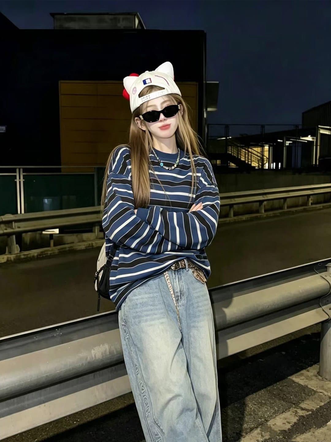 원본 원단 아메리칸 레트로 스트라이프 라운드 넥 긴팔 티셔츠 여성 봄 가을 느슨함 센스 다용도 맨위 상세 이미지 2