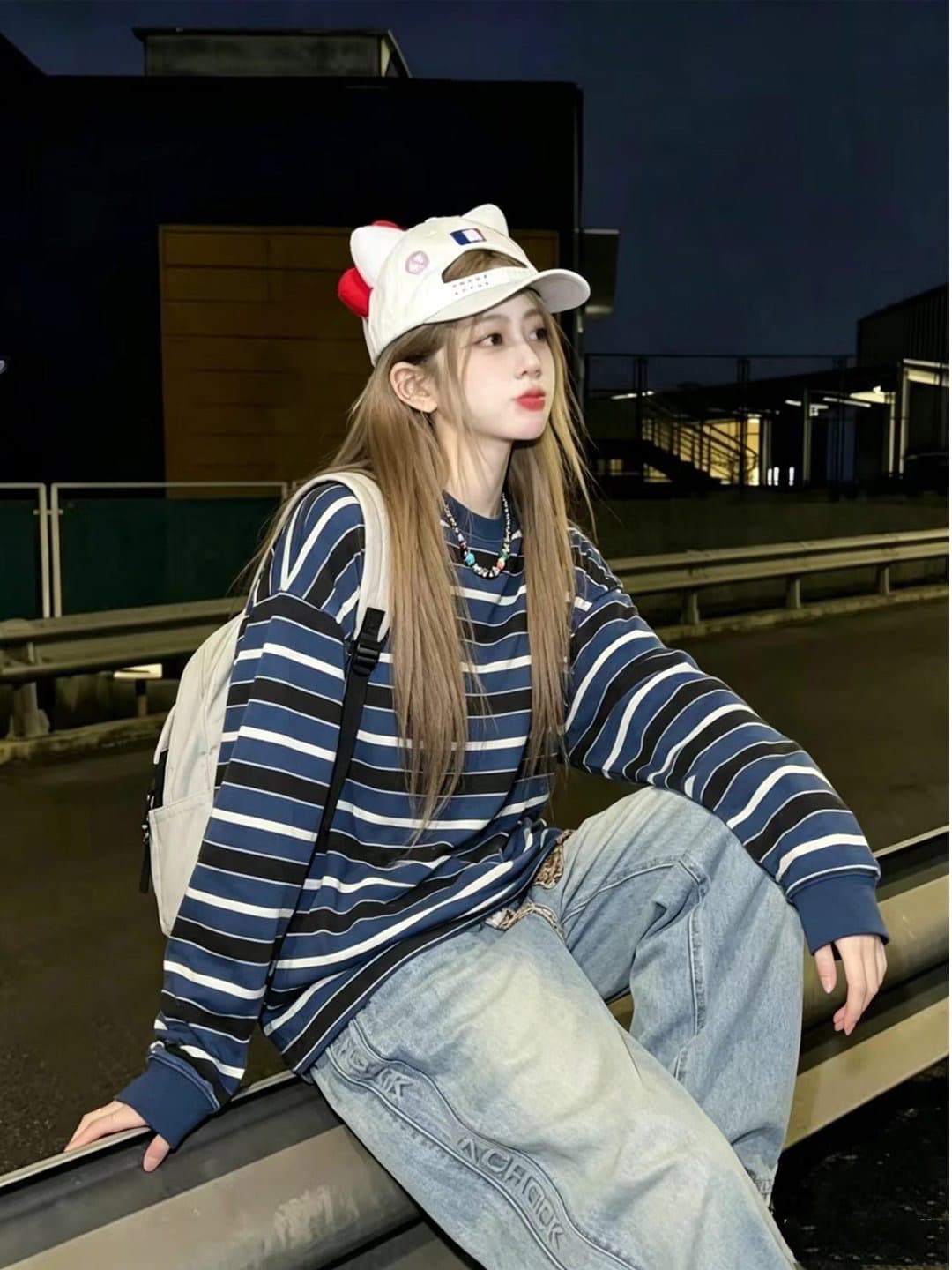 원본 원단 아메리칸 레트로 스트라이프 라운드 넥 긴팔 티셔츠 여성 봄 가을 느슨함 센스 다용도 맨위 상세 이미지 5