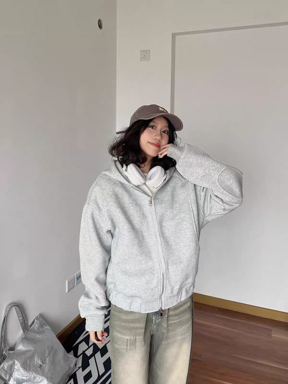 원본 원단 회색 후드 티 스웨터 짧은 여성 코트 봄 가을 디자인 센스 가을 착용 가져 가라. 한 첨부 된 의류 상세 이미지 2