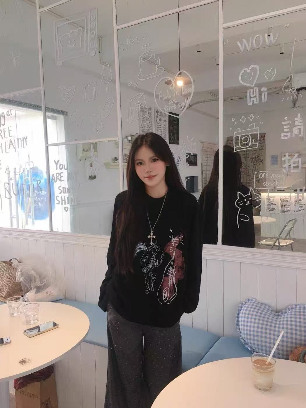 200그램 순면 이후 패키지 칼라 프린트 루즈핏 만나는 긴팔 프린트 티셔츠 이미지 2