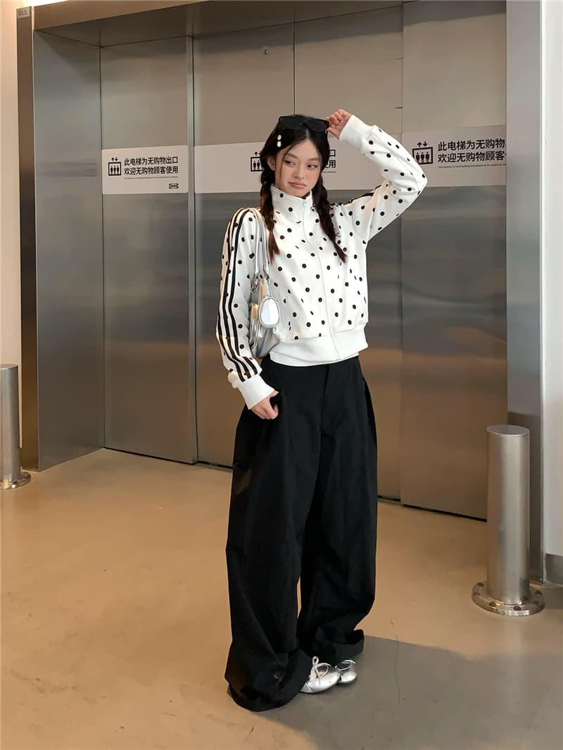 후아 면 복합 가을 2026 몸매 가꾸기 짧은 지퍼 오픈 가디건 화이트 도트 무늬 스탠드 칼라 후드티 재킷 상세 이미지 3