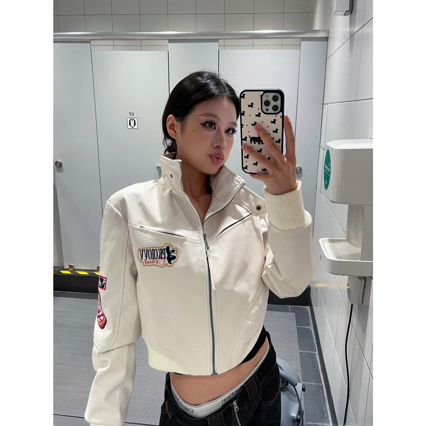 아메리칸 휘장 스탠드 칼라 오토바이 가죽 재킷 화이트 얇은 스타일 여성 코트 이른 가을 핫걸 쇼트 스타일 재킷 맨위 이미지 3