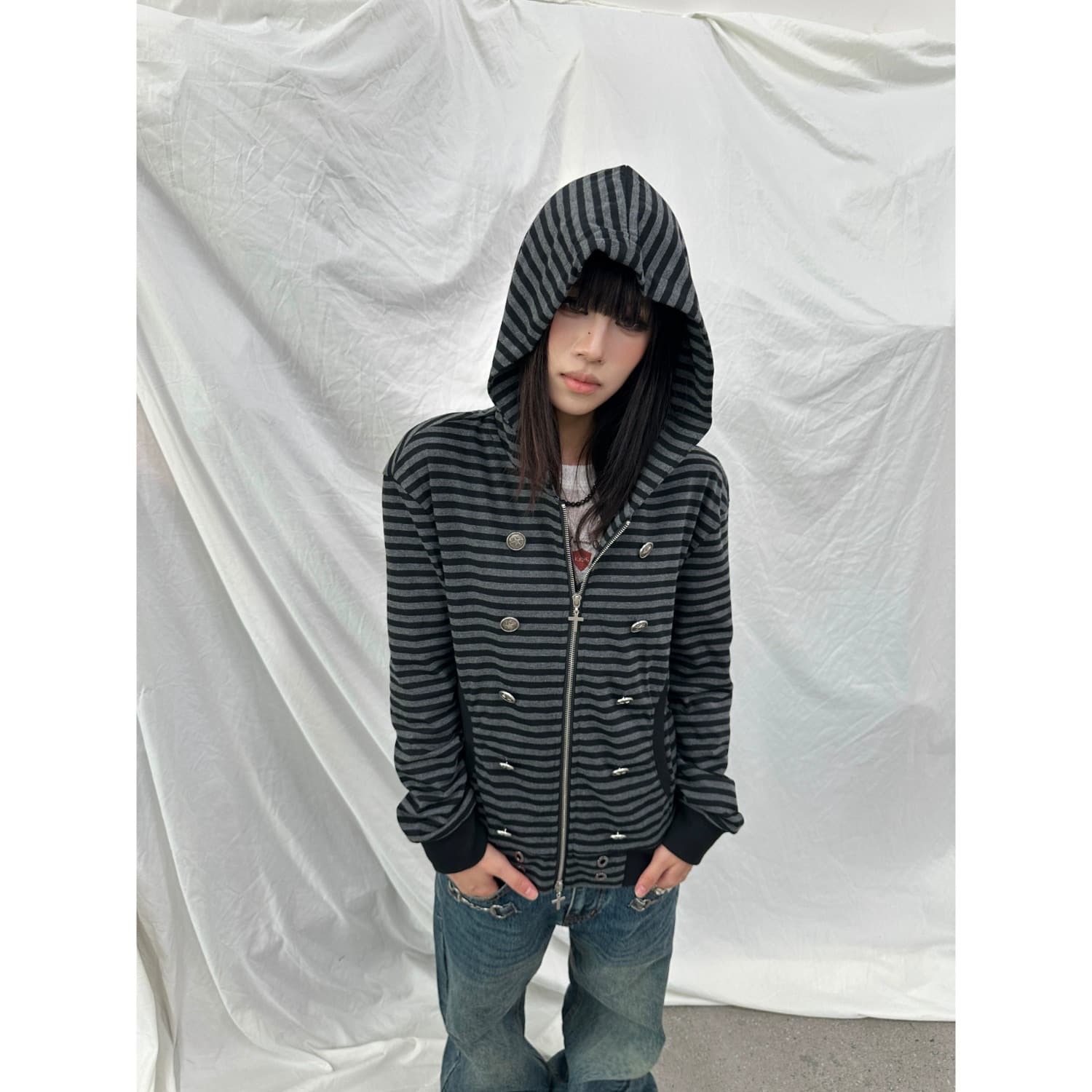 ins 나폴레옹 바람 이중 버튼 블랙 회색 스트라이프 몸매 가꾸기 후드 스웨트 셔츠 작은 대중 빛 아시아 인 레트로 모자 셔츠 재킷 이미지 2