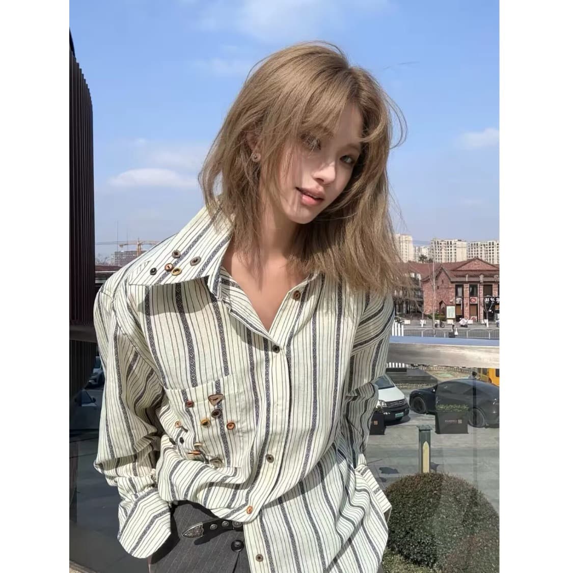 봄 가을 복잡한 주의 악당 배색 비정형 단추 링 그리드 스트라이프 긴팔 셔츠 출퇴근 느슨함 오래된 돈 우아함 센스 상세 이미지 1