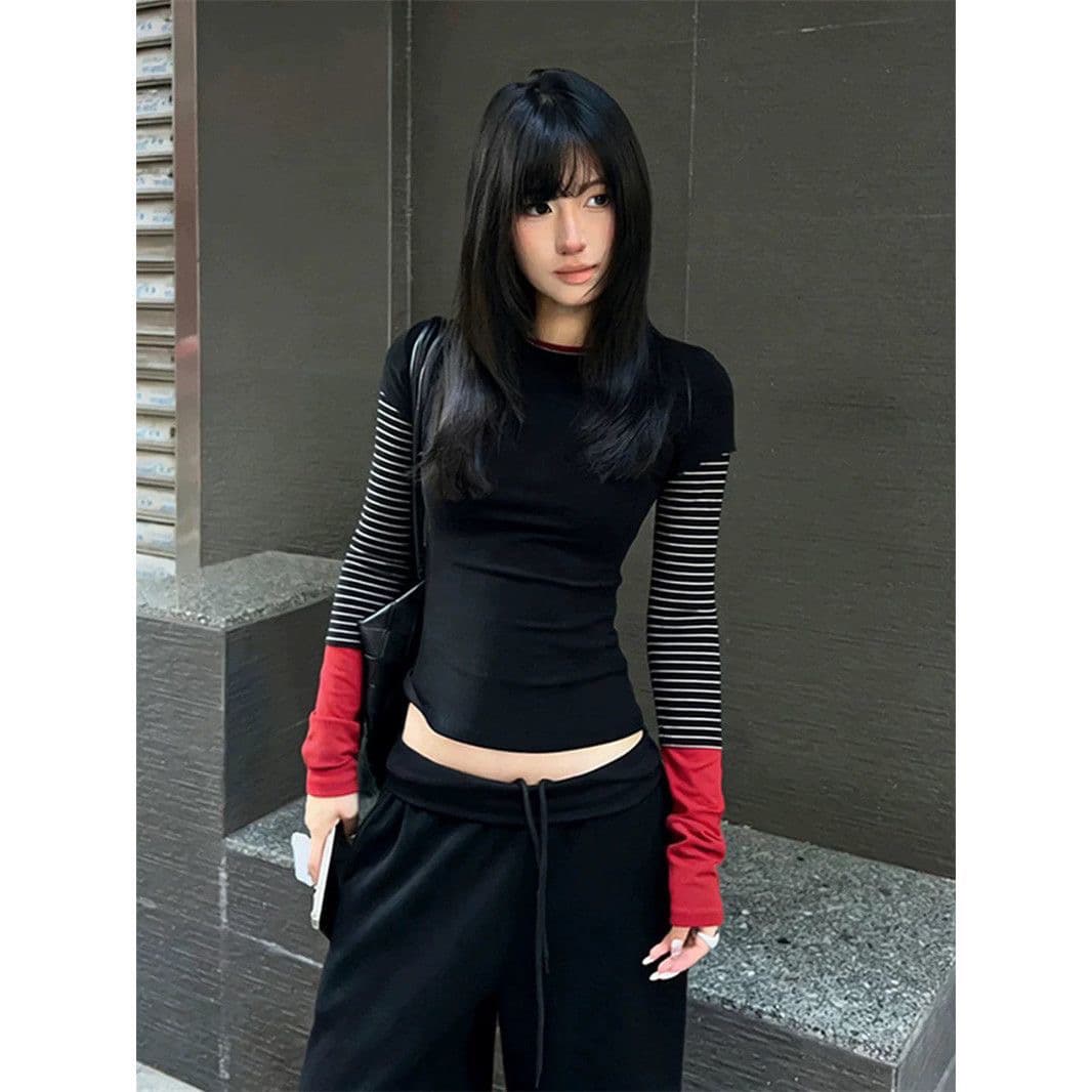 260 사람들 면 모달 페이크 레이어드 블랙 싸움 빨간색 배색 스트라이프 패치워크 긴팔 티셔츠 만나는 맨위 이미지 2