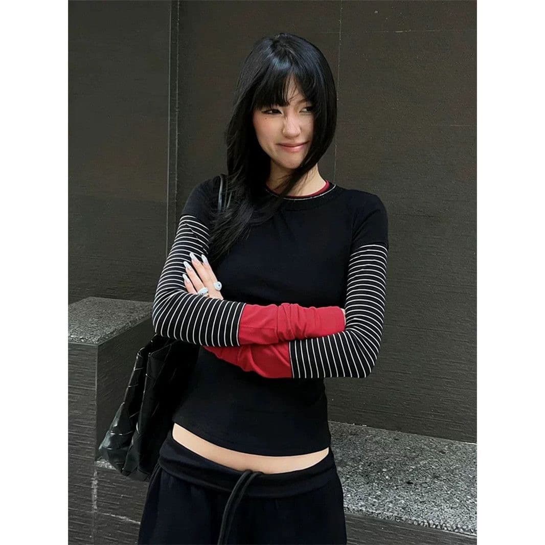 260 사람들 면 모달 페이크 레이어드 블랙 싸움 빨간색 배색 스트라이프 패치워크 긴팔 티셔츠 만나는 맨위 상세 이미지 3