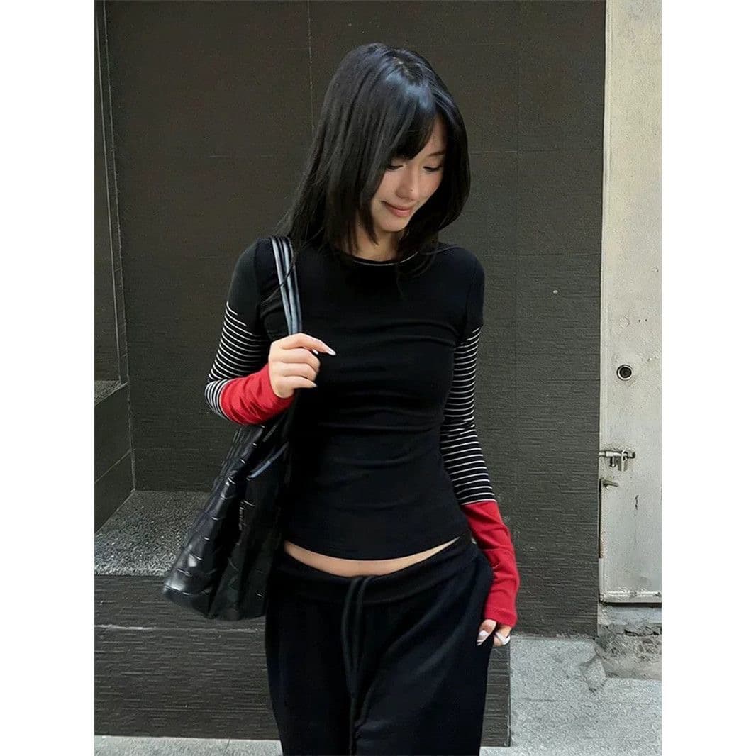 260 사람들 면 모달 페이크 레이어드 블랙 싸움 빨간색 배색 스트라이프 패치워크 긴팔 티셔츠 만나는 맨위 상세 이미지 5