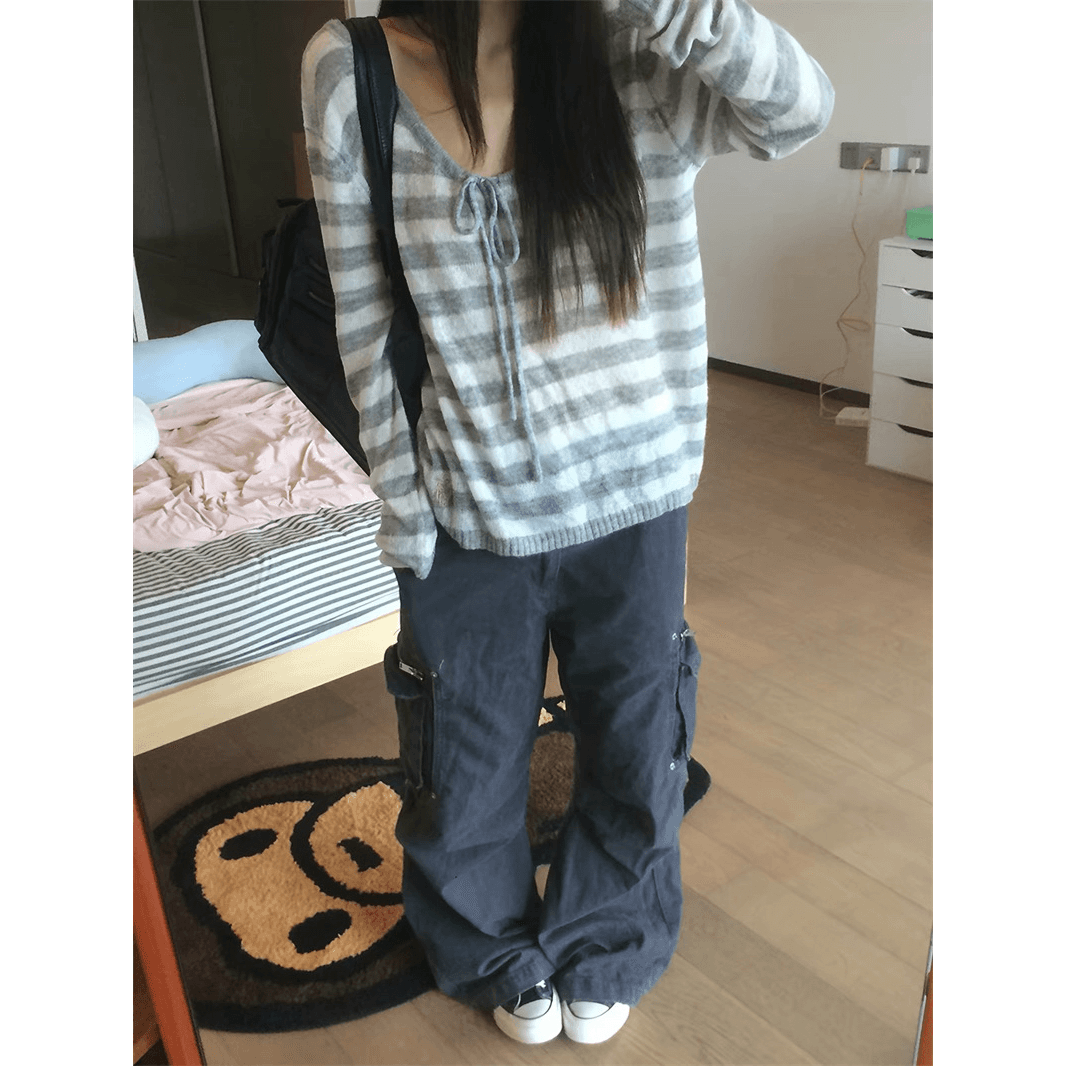 원본 솜씨 펌프 로프 스트라이프 해마 털 니트 하프 ~을 통해 대 칼라 스트라이프 블라우스 이미지 5
