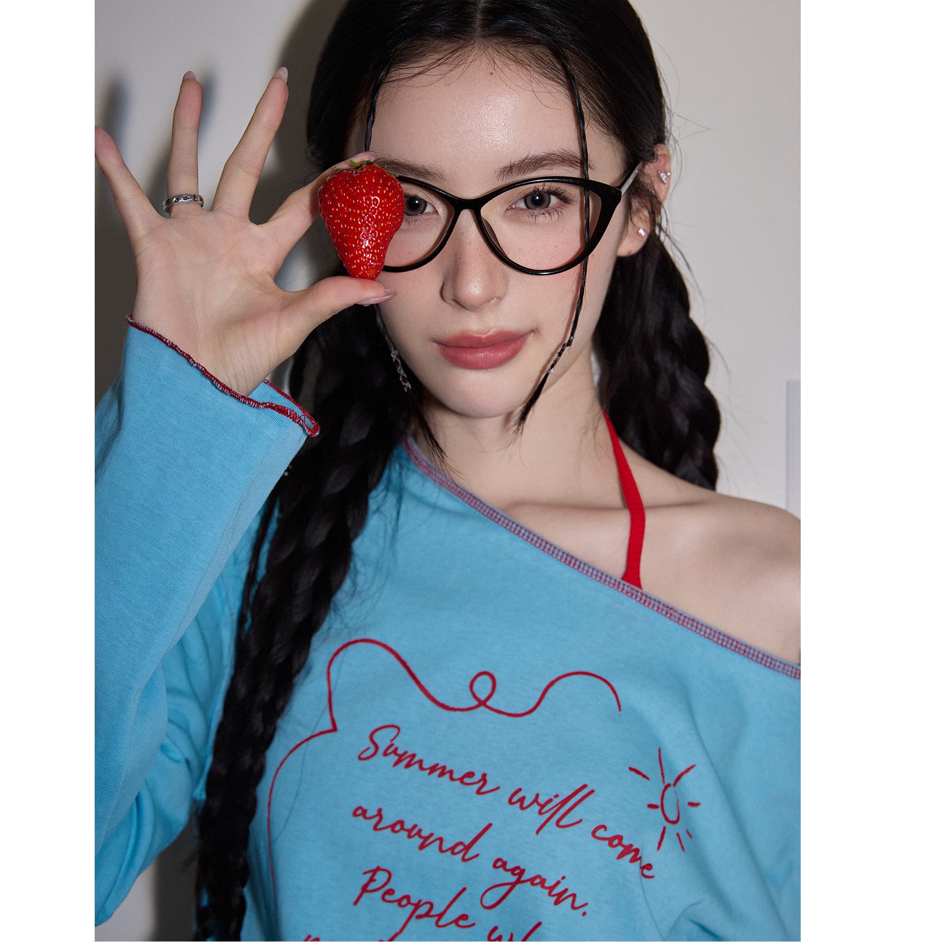 리넨 면화 벨트 가슴 패드 달콤한 매운맛 파란색 자외선 차단 블라우스 여성 비스듬한 어깨 루즈핏 긴팔 디자인 센스 맨위 이미지 3