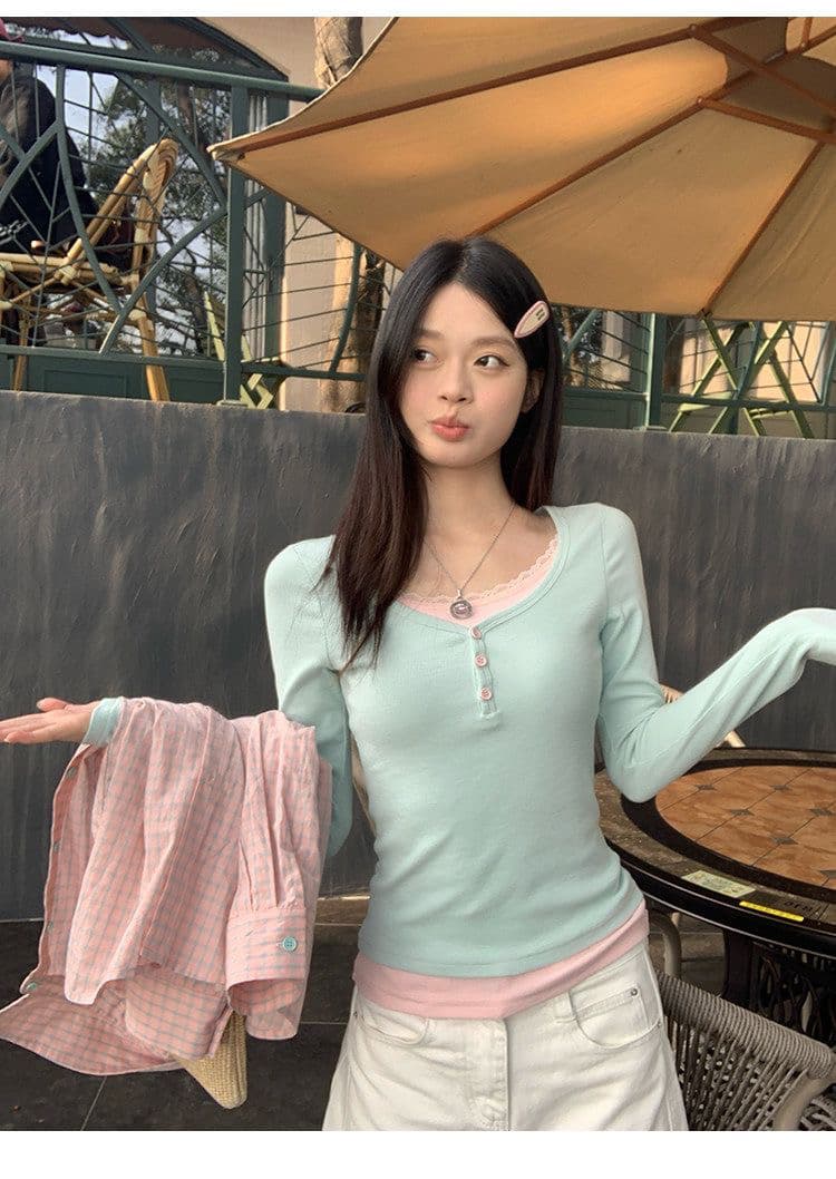 260 그램 사람들 면 모달 페이크 레이어드 레이스 레이스 긴팔 티셔츠 여성 몸매 가꾸기 만나는 맨위