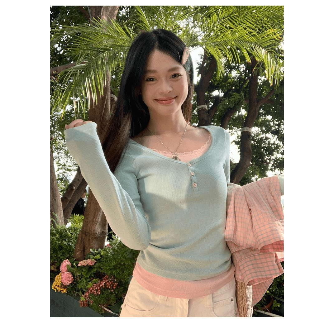 260 그램 사람들 면 모달 페이크 레이어드 레이스 레이스 긴팔 티셔츠 여성 몸매 가꾸기 만나는 맨위 이미지 5