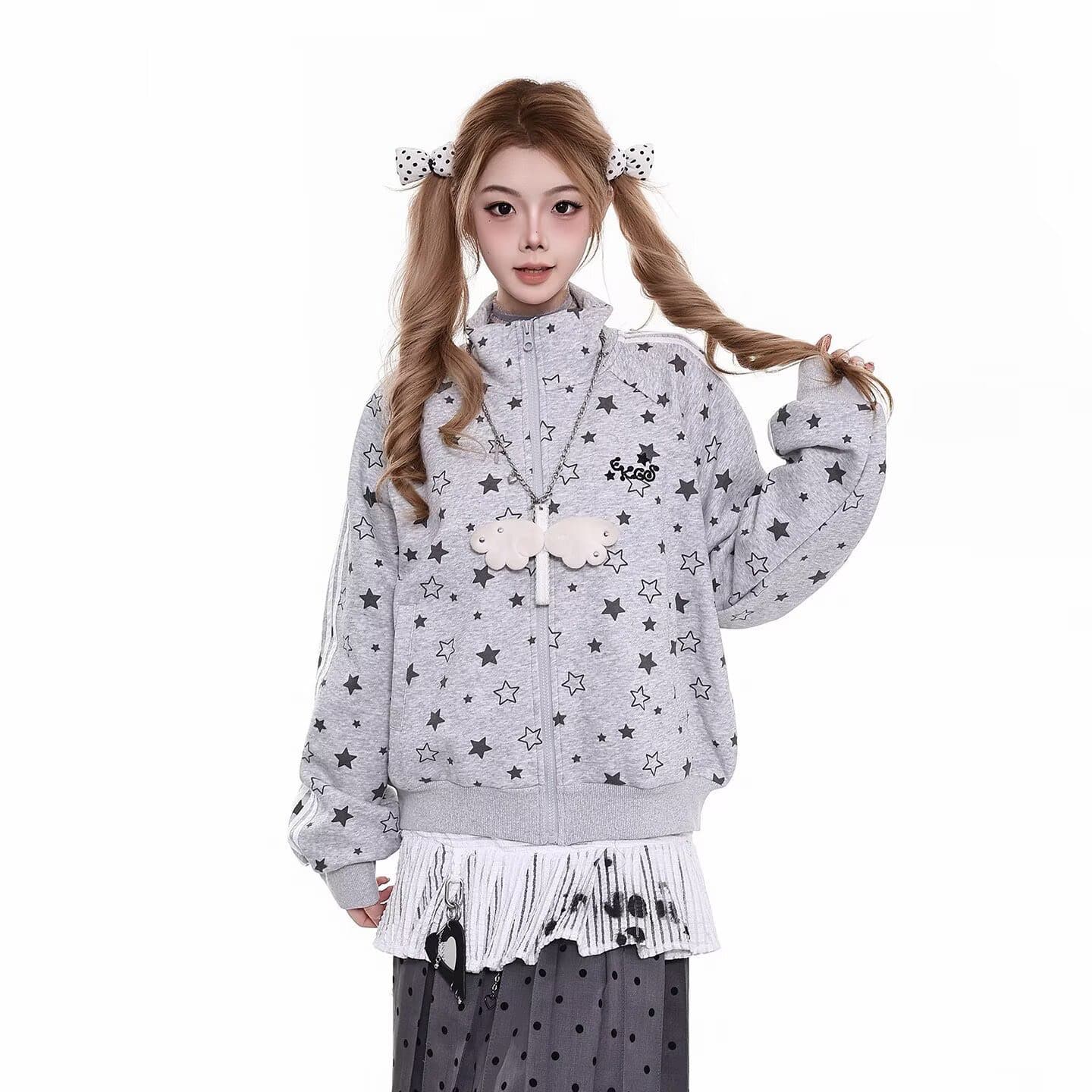 일본식 트렌디 사람들 주 아메리칸 전체 인쇄 별 스트라이프 스탠드 칼라 후드티 가을 레트로 운동 바람 슬림해 보이는 외부 이미지 3