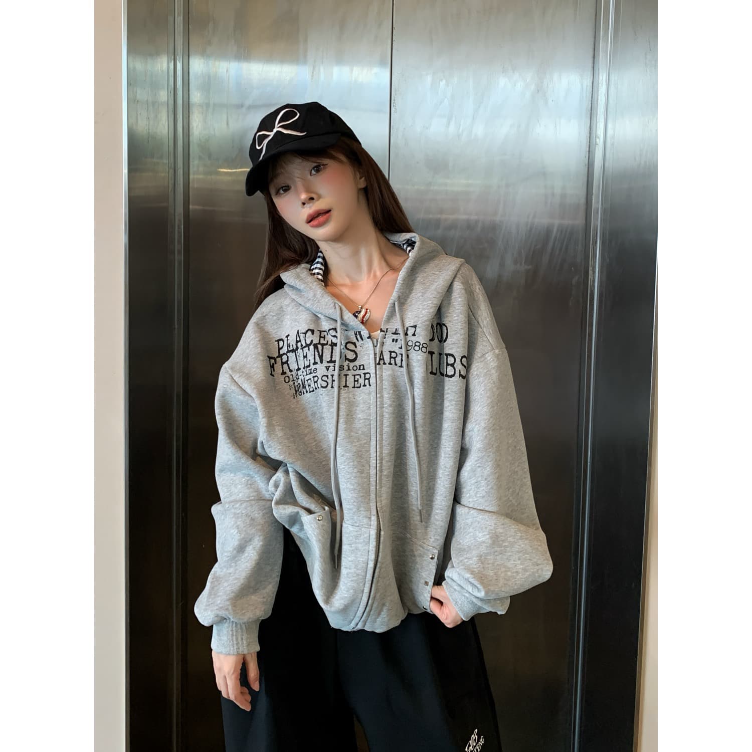 아메리칸 럭키 높음 거리 프린트 오픈 가디건 후드 티 스웨터 남녀 가을 겨울철 조수 브랜드 루즈핏 커플 당겨서