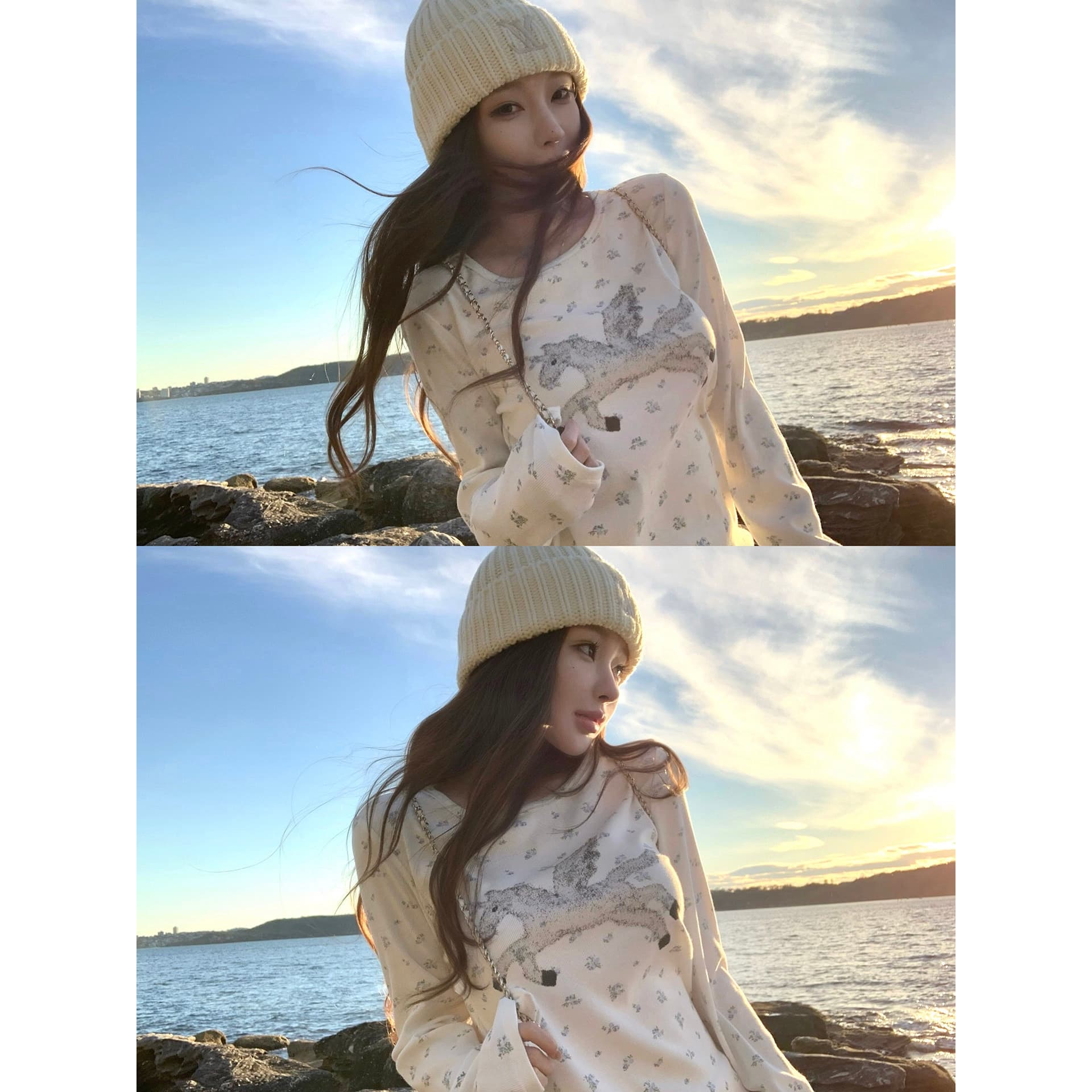 원본 원단 전체 인쇄 작은 꽃무늬 구덩이 기사 질감 센스 캐주얼 라운드 넥 긴팔 티셔츠 여성 조기 가을 만나는 맨위 이미지 5