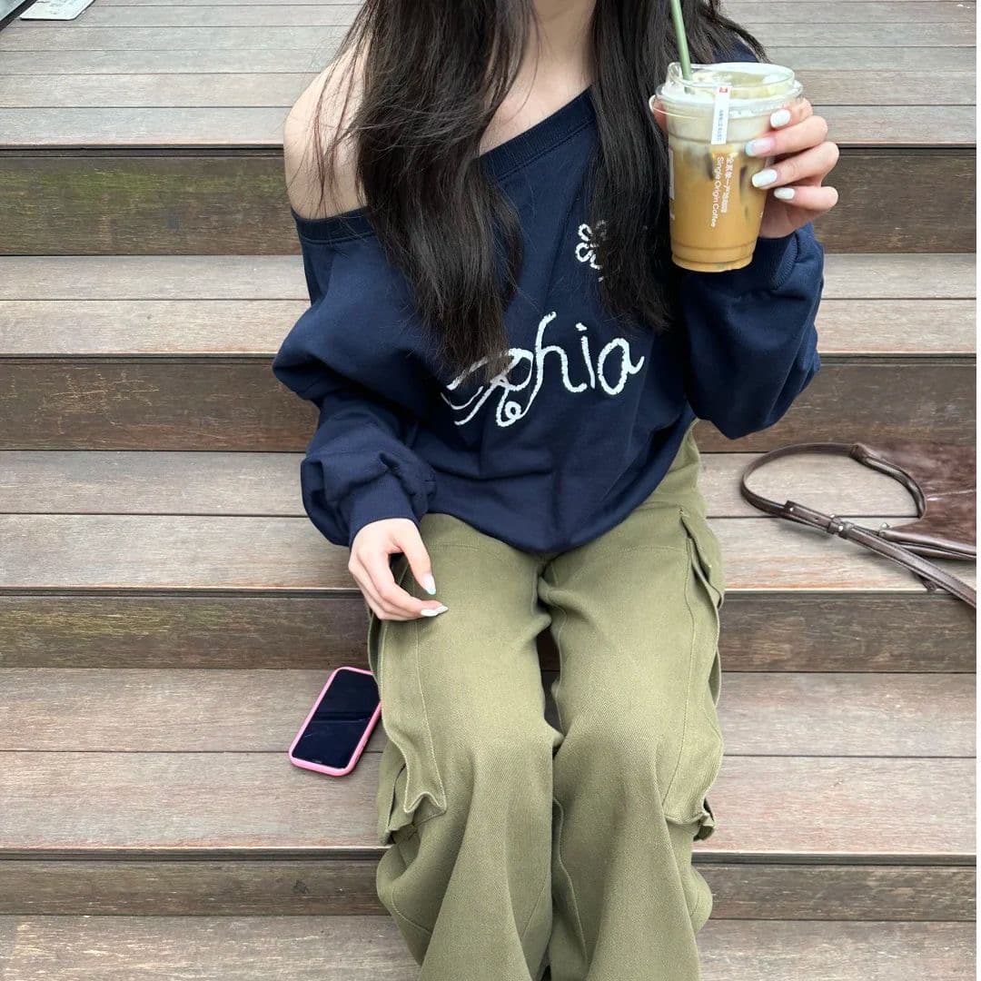 아메리칸 레트로 비스듬한 어깨 후드티 여성 가을 겨울 프린트 맨위 상세 이미지 4