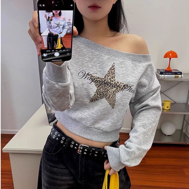 모방 Mianhua 면 복합 우유 실크 310 크 가을 아메리칸 레트로 프린트 섹션 오프숄더 긴팔 후드티 이미지 4