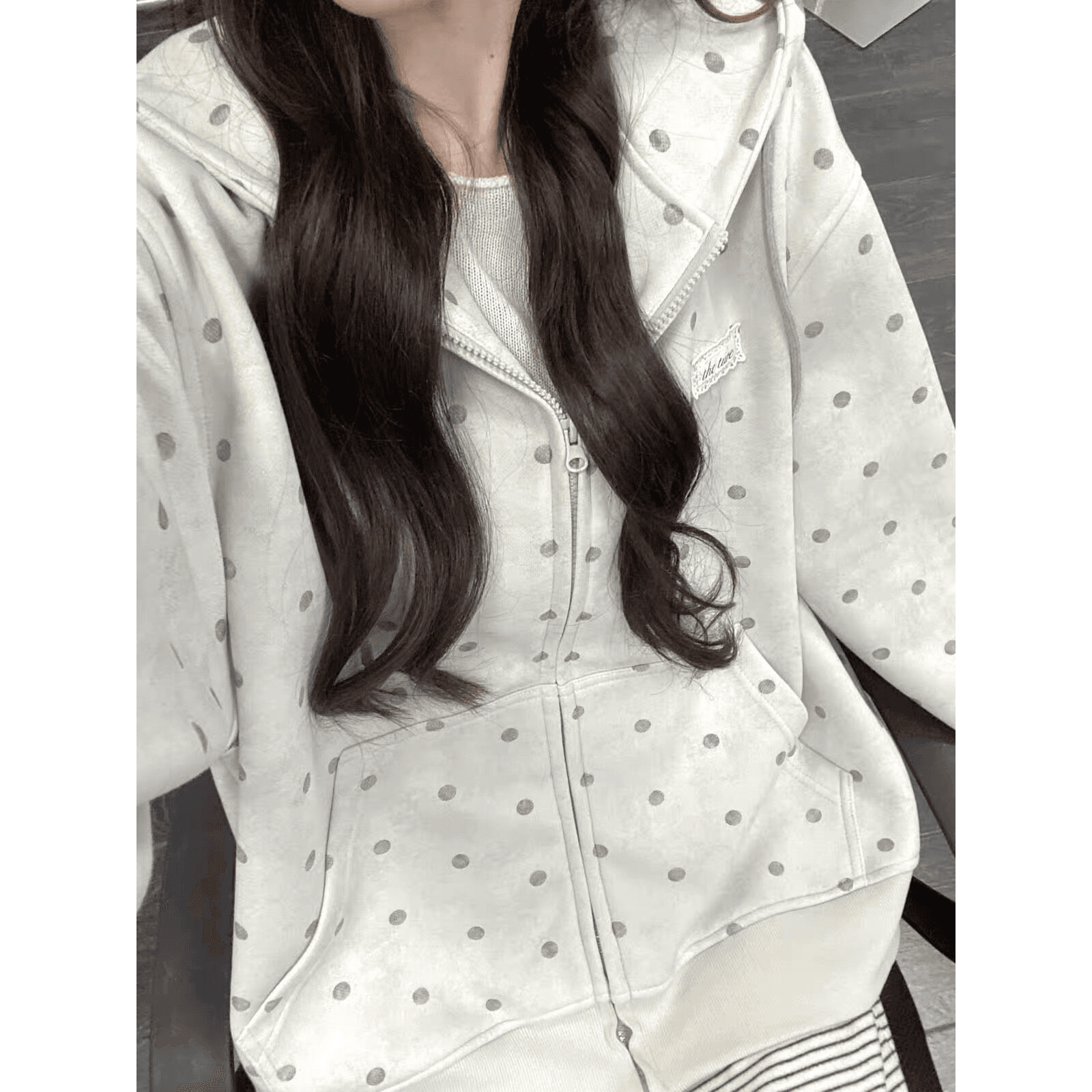 후아 면 복합 마 오래된 공예 가을 도트 무늬 후드 티 스웨터 여성 코트 지퍼 회색 맨위 이미지 5