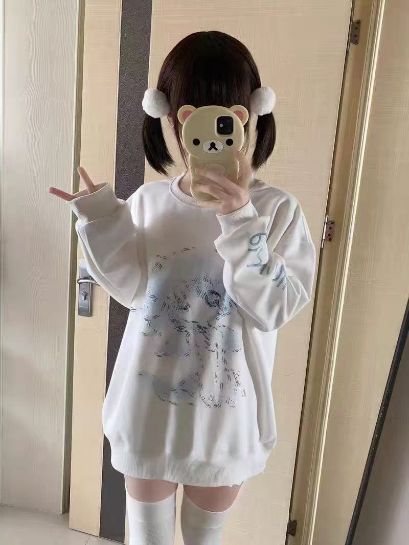 순수한 Mianhua 면 300 그램 털이 있는 400g 가을 겨울 라운드 넥 루즈핏 프린트 후드티 상세 이미지 1