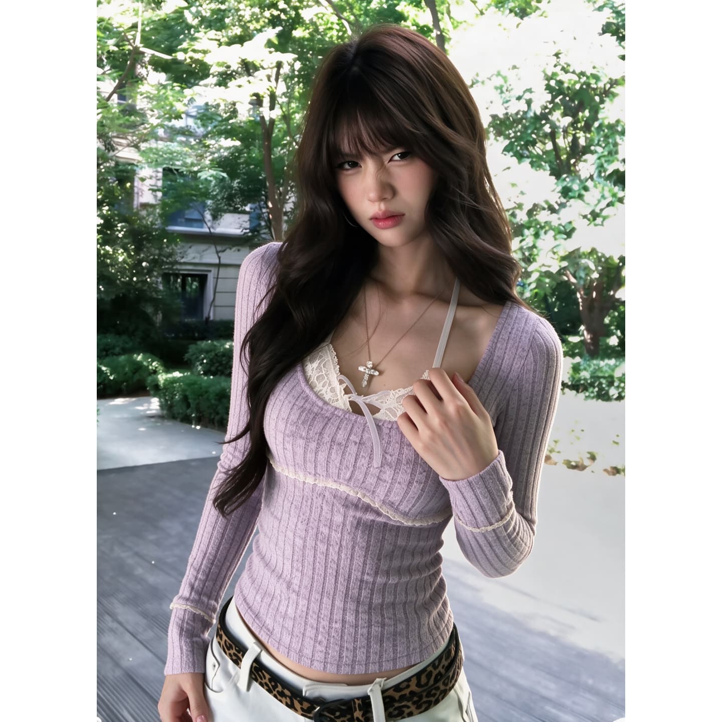 경관 그림 연삭 구덩이 기사 210 그램 8 4 프랑스식 달콤한 핫걸 페이크 레이어드 레이스 조각 긴팔 맨위 이미지 3