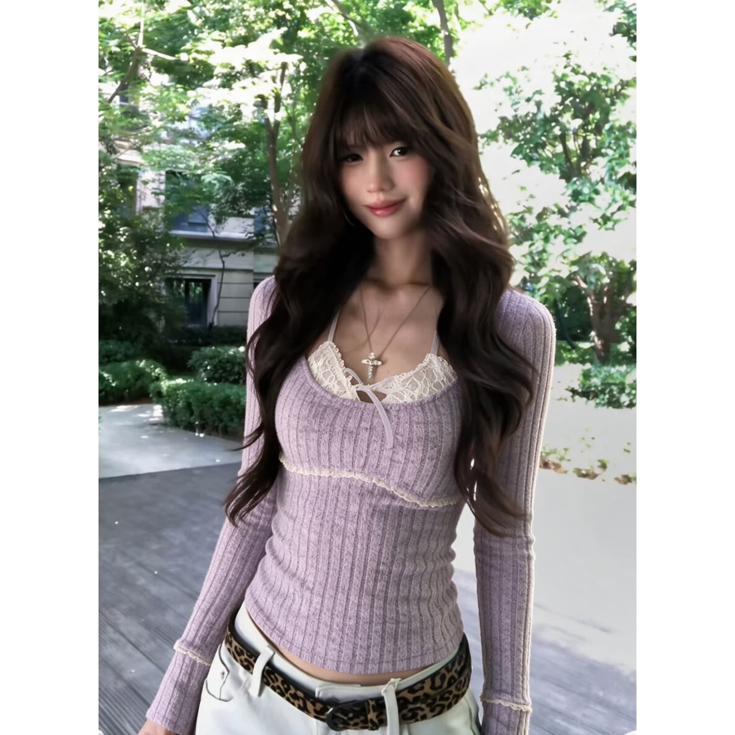 경관 그림 연삭 구덩이 기사 210 그램 8 4 프랑스식 달콤한 핫걸 페이크 레이어드 레이스 조각 긴팔 맨위 이미지 4