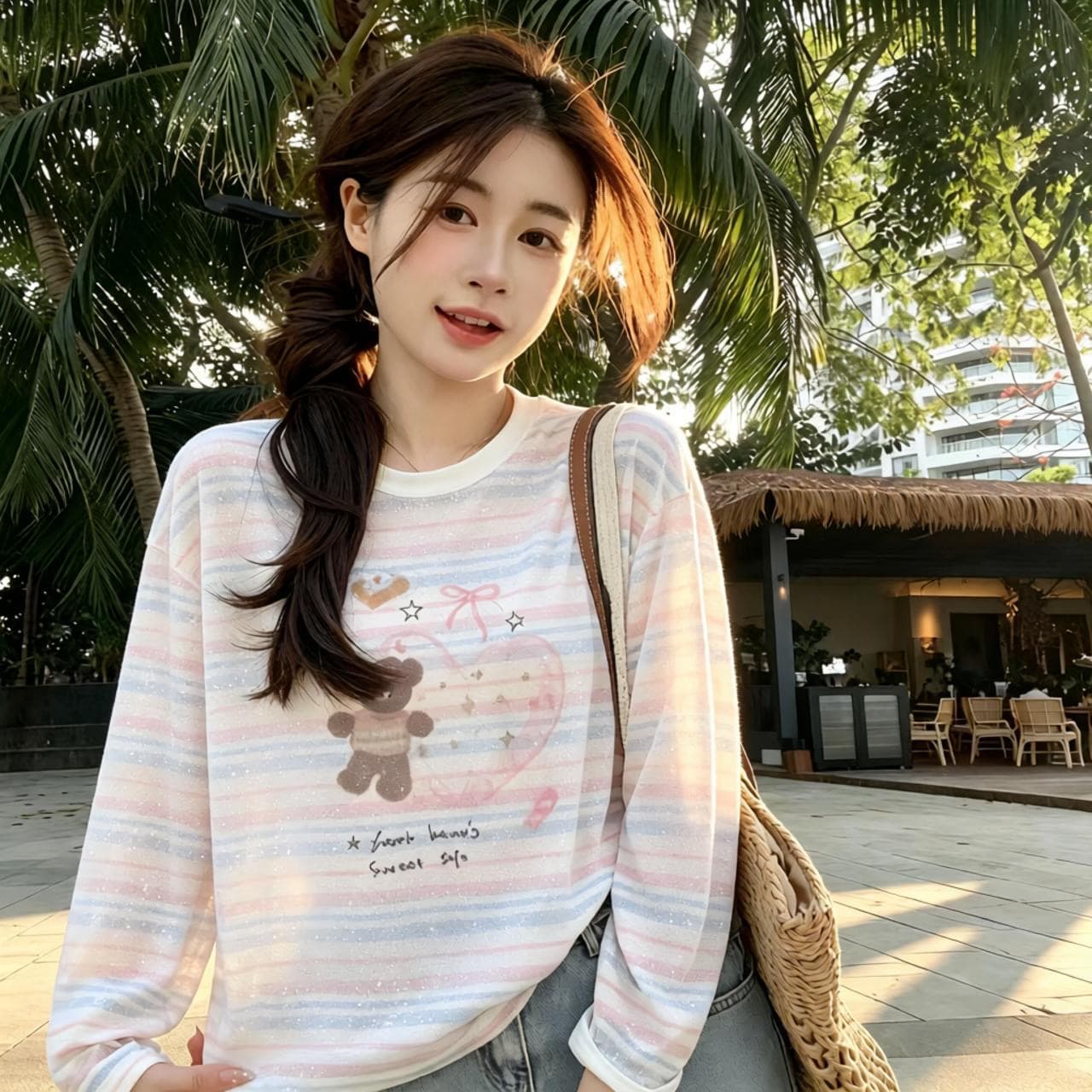 통기성 얇은 스타일 연령 감소 만화 작은 곰 2026 여름 루즈핏 슬림해 보이는 눈꽃 면 긴팔 스트라이프 자외선 차단 티셔츠 이미지 3